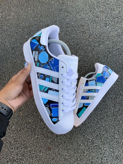 Custom Hand Painted Adidas Superstars - Blue Freestyle Design Painted On Side Panels - Paint Is Crack And Water Resistant - !st Class Worldwide Shipping - No Returns On Customised Items Painted Adidas Shoes, Painting On Adidas Shoes, Adidas Customized, Custom Painted Adidas, Blue Adidas Custom Sneakers, Adidas Custom Shoes, Painted Adidas Superstar, Custom Adidas Superstar, Adidas Superstar Blue