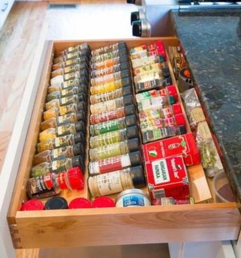 Kitchen Spices Storage Ideas, Spice Drawer Organization, Kitchen Tower, Kabinet Dapur, Spice Drawer, Spice Racks, Remodel Inspiration, Oven Range, Kitchen Decorating