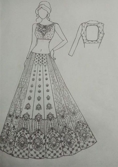 Lehenga Pencil Sketch, Bridal Sketches Indian Pencil, Bridal Lehenga Sketch Drawing, Lehenga Drawing Sketches, Hai Tamanna, Bridal Fashion Illustration, Kaifi Khalil, Fashion Model Sketch, Fashion Illustration Tutorial