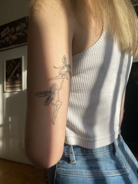 Back Arms Tattoos For Women, Cool Upper Arm Tattoos Women, Upper Arm Fairy Tattoo, Tattoo Back Of Upper Arm, Behind Upper Arm Tattoos For Women, Fairy Tattoo Back Of Arm, Women Side Arm Tattoo, Upper Outer Arm Tattoo, Arm Tattoos Line Work