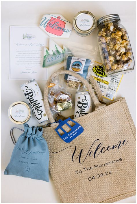 St. Regis Deer Valley Wedding in Park City Utah welcome bag inspiration Mountain Wedding Welcome Bags, Room Hampers, Beaufort Wedding, Deer Valley Wedding, Wedding Hotel Bags, Wedding Guest Bags, Welcome Basket, Ski Culture, Wedding Welcome Gifts