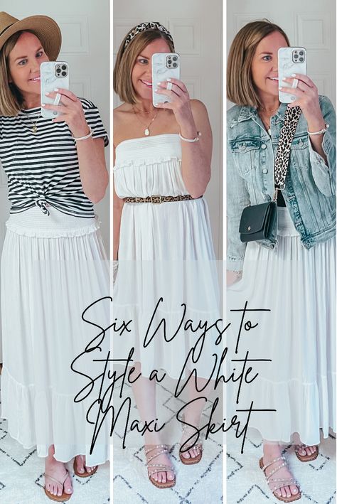 Long White Boho Skirt Outfit, What To Wear With A Long White Skirt, Styling A Long White Skirt, How To Style A White Maxi Skirt, White Peasant Skirt Outfit, Styling White Maxi Skirt, White Tiered Maxi Skirt Outfit, Outfits With Long White Skirt, White Cotton Skirt Outfit