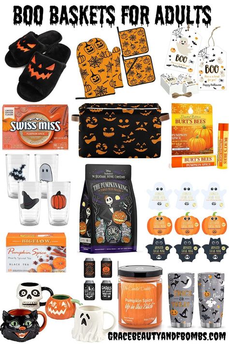 Looking for the perfect spooky and fun gifts for adults? Look no further than our Boo Basket! This collection of 30+ items includes everything you need to celebrate Halloween in style, from candy to decorations to costumes. #boobasket #halloweengifts Halloween Scare Package, Male Boo Basket Ideas, Boo Basket Ideas For Co Worker, Boo Basket For Adult Women, Husband Boo Basket Ideas, Adult Boo Basket For Him, Boo Basket Fillers, Adult Halloween Goodie Bags, Boo Bags Halloween Ideas