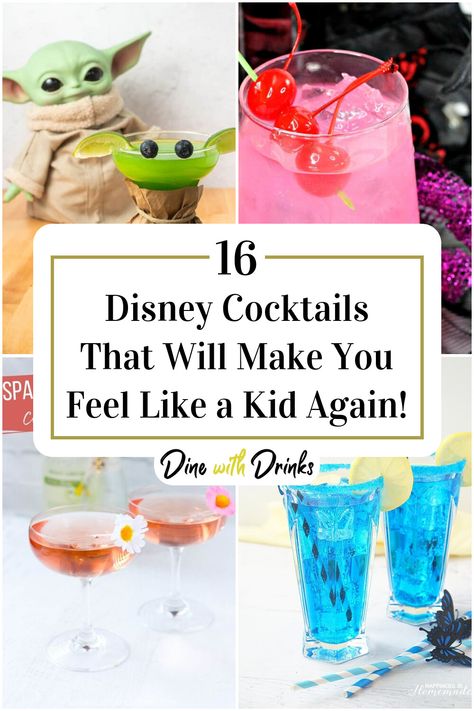 Collage of 4 disney cocktails. Disney Cocktails Recipes, Disney Princess Drinks, Disney Themed Cocktails, Disney Themed Drinks, Disney Alcoholic Drinks, Princess Drinks, Movie Dinner, Disney Inspired Cocktails, Disney Cocktails