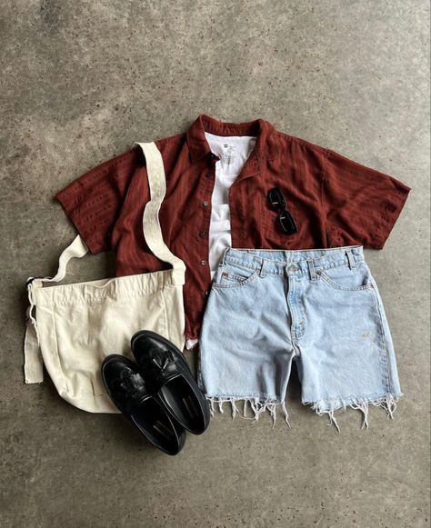 Summer Gender Neutral Outfits, Mens Thrift Fashion Summer, Masc Vacation Outfits, Soft Masc Summer Outfits, Youth Leader Outfit, Adrogonus Outfits Summer, Soft Masc Outfits Summer, Masc Beach Outfits, Gender Neutral Summer Outfits