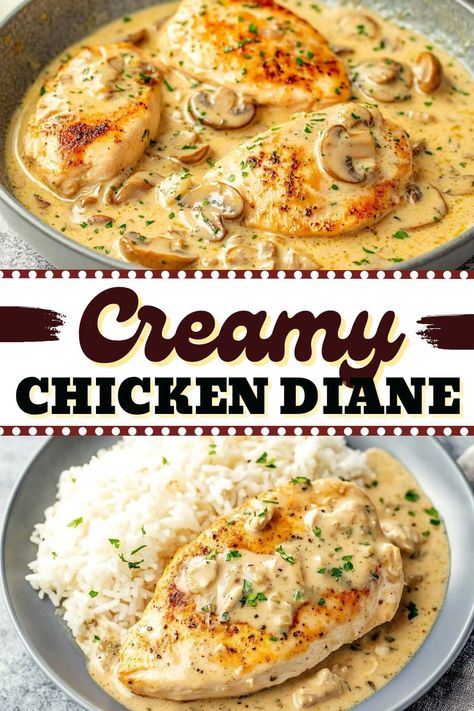 This Creamy Chicken Diane recipe features tender chicken breasts in a luscious cream sauce with mushrooms, shallots, garlic, Dijon, and a splash of brandy. Serve it with egg noodles to soak up the delicious sauce. Delicious Dinner For 2, While Food Dinner Ideas, Easy Weekday Chicken Dinners, Baked Chicken In Sauce Recipes, Creamy Chicken Diane, Chicken With Half And Half, White Cream Sauce For Chicken, Chicken And White Sauce, Recipe Using Chicken Breast