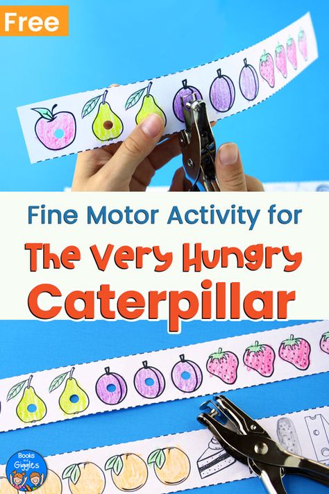 The Very Hungry Caterpillar activity - a fun way for preschoolers to practice fine motor and pre-reading skills. Include a free printable! #hungrycaterpillar #finemotor #preschool #booksandgiggles Caterpillar Activity, Caterpillar Preschool, Eric Carle Activities, The Very Hungry Caterpillar Activities, Hungry Caterpillar Activities, Insects Preschool, Bugs Preschool, Caterpillar Craft, Fine Motor Activity