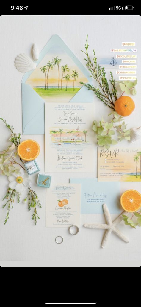 Coastal Wedding Ideas Color Palettes, Spring Coastal Wedding, Orange And Green Beach Wedding, Beachy Wedding Invitations, Colorful Coastal Wedding, Coastal Wedding Color Palettes, Blue And Orange Tropical Wedding, Florida Wedding Theme, California Coastal Wedding