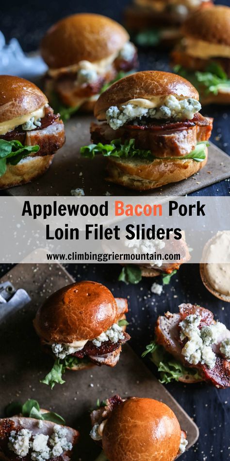 Applewood Bacon Pork Loin Filet Sliders Gourmet Sliders Recipes, Pork Loin Appetizers, Filet Sliders, Pork Loin Sliders, Bacon Pork Loin, Wings Sauces, Pork Loin Filet, Teriyaki Pork Tenderloin, Yummy Nummies