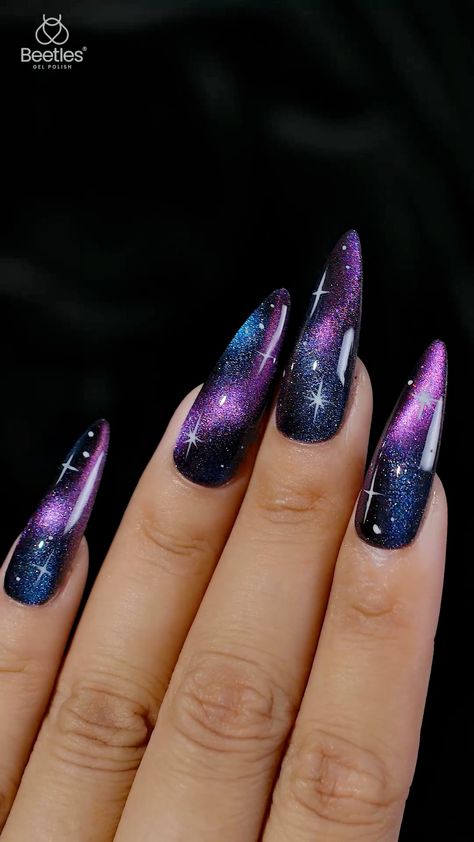 Beetles Gel Nail Polish 36 Colors Cat Eye Gel Polish Set Nail Polish Art Designs, Summer Nails Colors Designs, Shiny Nails Designs, Galaxy Nail Art, Cat Eye Nails Polish, Eye Nail Art, Space Nails, Cat Eye Gel Polish, Purple Nail Designs