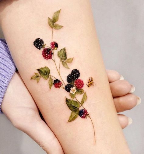 Delicate Tattoo Sleeve Women, Wild Berries Tattoo, Delicate Nature Tattoo, Whimsical Tattoos For Women, Berry Tattoos, Raspberry Tattoo, Vintage Floral Tattoos, Vintage Flower Tattoo, Theme Tattoo