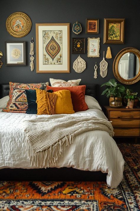 15 Unique Dark Boho Bedroom Inspirations Dark Eclectic Bedroom Ideas, Boho Dark Wood Bedroom, Moody Maximalist Bedroom Decor, Dark And Moody Decor Interior Design, Boho Dark Academia Bedroom, Cosy Boho Bedroom, Adult Boho Bedroom Decor, Afro Bohemian Style Decor Bedroom, Earthy Vintage Bedroom