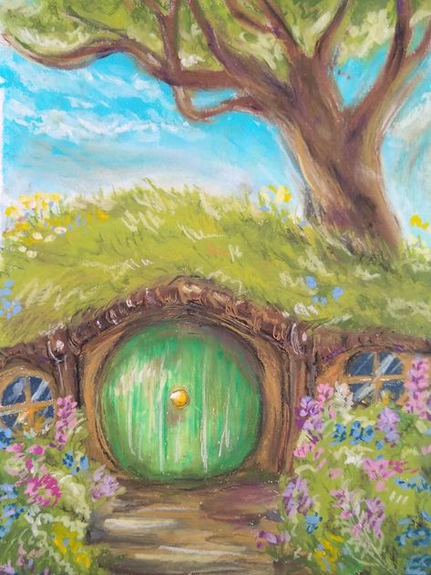 Hole Drawing, Bag End, Casa Hobbit, Hobbit Art, Painting Pastel, Lotr Art, Home Painting, Pastel Artwork, Hobbit Hole