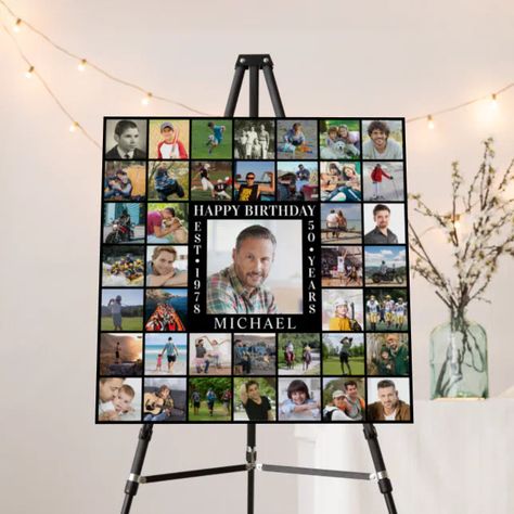 Birthday 41 Photo Collage Name Age EST Year Black Foam Board | Zazzle 80th Birthday Picture Board Ideas, 50th Birthday Picture Board, Birthday Picture Collage Ideas, Picture Display Ideas For Party, Picture Poster Board Ideas, Birthday Memory Board, Birthday Picture Board, Birthday Photo Displays, Photo Collage Ideas