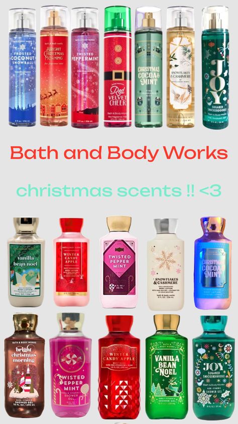 bath and body works christmas scents! Bath And Body Works Perfume Christmas, Bath And Body Works Christmas Aesthetic, Bath And Body Works Winter Scents, Bath And Body Works Christmas Scents, How To Smell Like Christmas, Christmas Shower Routine, Winter Perfume For Women, Christmas Bath And Body Works, Bath And Body Works Aesthetic