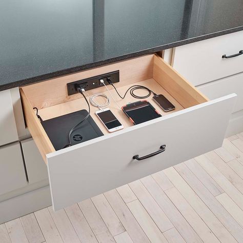 Charging Station Kitchen, Charging Drawer, Charging Station Drawer, Docking Drawer, Clean Countertops, Drawer Design, Cabinet Space, Kitchen Drawers, Cabinets Organization