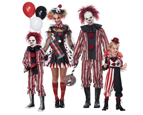 30 Family Halloween Costumes, #FamilyGoals - fancydress.com Scary Circus Family Costume, Creepy Clown Family Costume, Scary Clown Family Costumes, Clown Costume Family, Clown Family Halloween Costumes, Family Clown Costumes, Family Halloween Costumes Scary, Scary Family Halloween Costumes, Halloween Costumes Clown