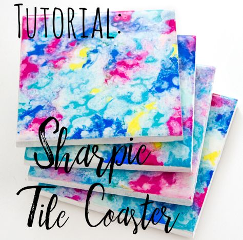 Colourful Sharpie Tile Coaster Craft — Doodle and Stitch Sharpie Ceramic Diy, Things To Do With Ceramic Tiles, Sharpie Coasters Tile Diy, Sharpie And Alcohol Art Tile Coasters, Diy Painted Gifts, Tile Painting Craft, Ceramic Coaster Painting Ideas, Tile Diy Crafts, Tile Art Diy