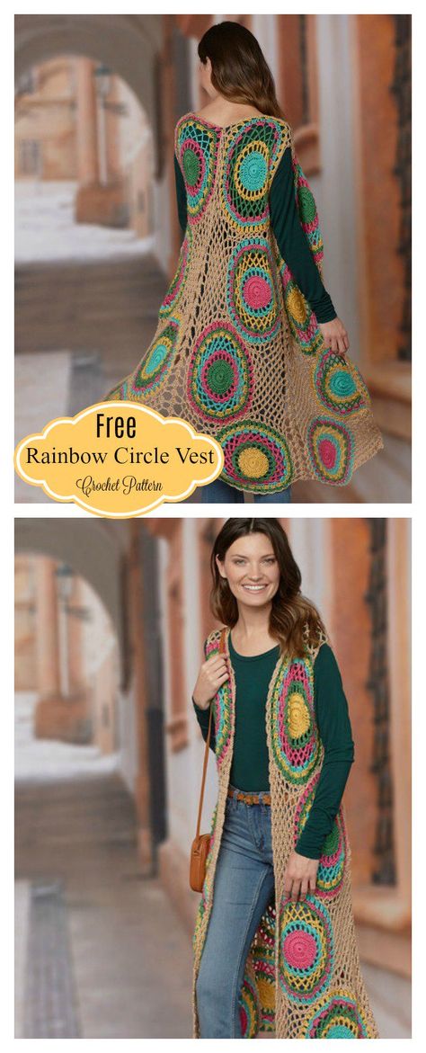 Rainbow Circle Long Vest Free Crochet Pattern Long Vest Knitting Pattern, Long Vest, Long Vest Pattern, Crochet Phone Cases, Irish Crochet Dress, Cozy Crochet Patterns, Gilet Long, Crochet Vest Pattern, Crochet Bolero