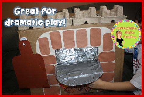 DIY Pizza Oven for Dramatic Play (from Differentiation Station Creations) Restaurant Preschool, Summer Preschool Themes, Cardboard Play, Daycare Themes, Kids Restaurants, Brick Face, Diy Pizza Oven, Repeated Addition, Kindergarten Freebies