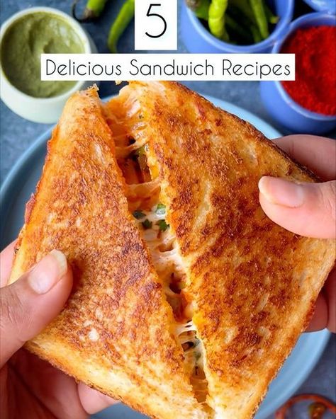 Pickles & Wine on Instagram: "5 Delicious Sandwich Recipes A sandwich a day keeps grumpiness away 😂❤️ Recipe: 1. Indian Grilled Cheese Sandwich (Recipe in the video) 2. Paneer Cheese Toastie Ingredients: - 2 TBSP Paneer - 1 TBSP Onion - 1 TBSP Schezwan Sauce - 1 TBSP Mayonnaise - Salt & Pepper - 1 TSP Red Chilli Powder - 1 TBSP Cheese - Bread Process: - Spread the mix on a bread - Top with Cheese, cook it on a pan - Enjoy 3. Mint Mayo Paneer Sandwich Ingredients: F Classic Grilled Cheese, Spicy Snacks Recipes, Vegetarian Fast Food, Tastemade Recipes, Sweet Dishes Recipes, Vegetarian Snacks Recipes, Tasty Recipes Videos, Quick Recipes Snacks, Tasty Vegetarian Recipes