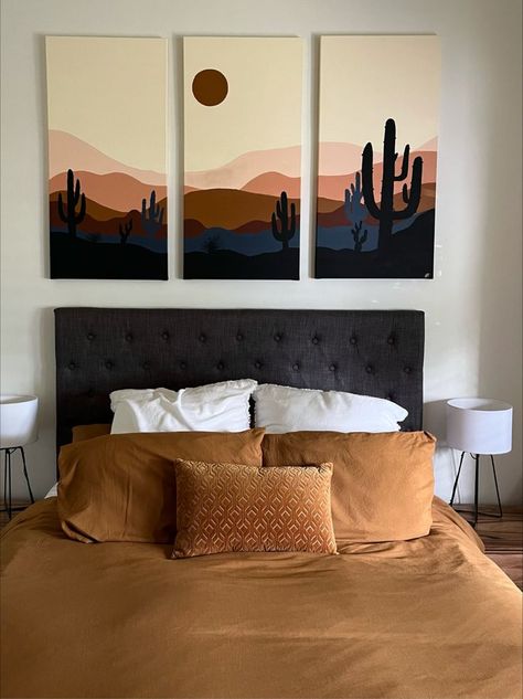 Acrylic painting of Arizona Desert | 3 x (100x50cm) Painting Ideas On Multiple Canvas, Arizona Painting Ideas, Multi Canvas Painting Ideas Acrylics, Painting Ideas For Bedrooms Canvases, Arizona Painting Easy, Aztec Painting Canvases, Boho Desert Painting Ideas, Multi Canvas Painting Ideas, Three Canvas Painting Ideas Easy