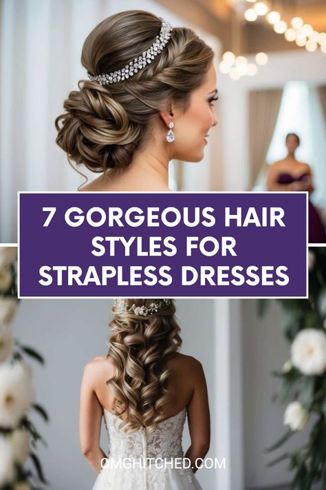 Getting married soon and wearing a chic strapless dress? Check out these 7 stunning wedding hair styles that are sure to impress! From elegant half-up twists adorned with sparkling rhinestones to playful beachy waves, we have the perfect ideas for every bride. Learn how to create the hairstyle of your dreams that matches beautifully with your wedding dress style. Save these fun tips and bring your perfect hair vision to life for your big day. Don’t forget to follow us for more wedding inspiration! Hair Styles For Spaghetti Strap Wedding Dress, Hairstyle For Strapless Dress Wedding, Strapless Prom Dress Hairstyles, Prom Hairstyles For Strapless Dresses, Hairstyles For Strapless Dress Formal, Shoulder Dress Hairstyles, Bride Hair Styling, Hairstyles For Strapless Dresses, Wedding Hair For Strapless Dress