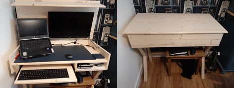 WFH solution - desk hidden inside a table. Hidden Monitor Desk Diy, Hidden Monitor Desk, Guest Room Office Combo, Diy Standing Desk, Hidden Desk, Mobile Desk, Smart Desk, Desk Plans, Pc Desk