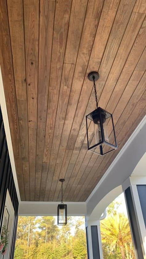 Porch Ceiling Wood Planks, Stained Patio Ceiling, Front Porch Ceilings Ideas, Wood Deck Ceiling, Wood Outdoor Ceiling, Screened In Porch Wood Ceiling, Pine Ceiling Porch, Covered Patio Ceiling Ideas Wood, Beadboard Porch Ceiling Stained