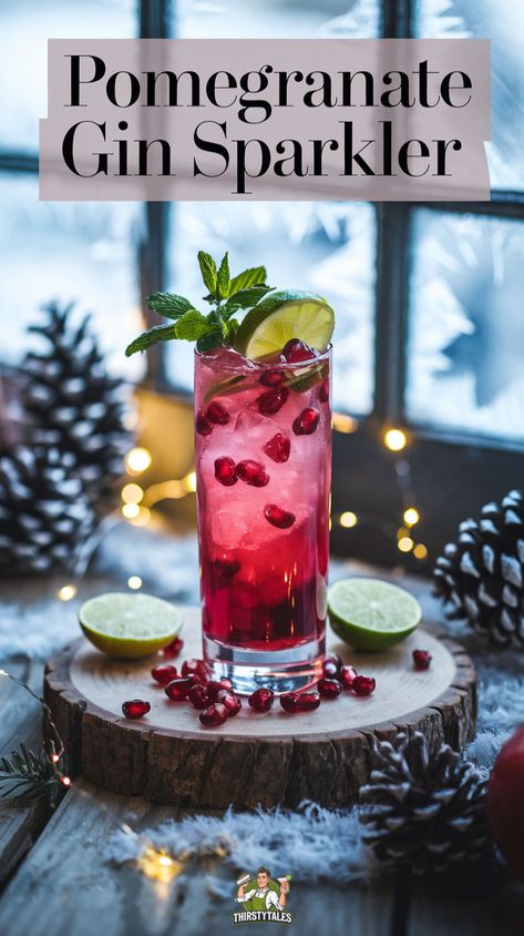 "Discover the perfect holiday drink with our Pomegranate Gin Sparkler Cocktail Recipe! This festive cocktail combines the vibrant flavors of pomegranate and gin, enhanced by a touch of rosemary simple syrup for a refreshing twist. Ideal for Christmas celebrations, this cocktail features easily accessible cocktail ingredients that will impress your guests. Cheers to delicious moments with this Rosemary Cocktail!" Pomegranate Simple Syrup, Gin Rickey Cocktail, Pomegranate Rosemary Cocktail, Christmas Gin Tonic, Gin Pomegranate Cocktail, Festive Gin Drinks, Pomegranate Holiday Cocktails, Pomegranate Gin Fizz, Pomegranate Gin Cocktail