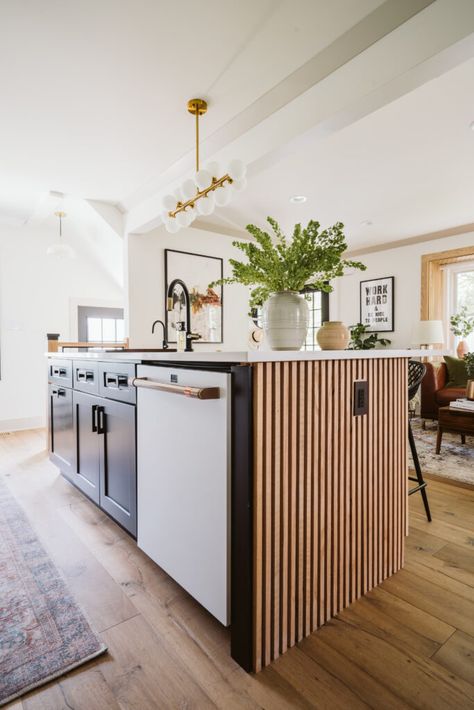 SPRING 2020 ONE ROOM CHALLENGE FINAL REVEAL 12 Wood Floors Kitchen, Modern Kitchen Design Open Concept, Kitchen Design Open, One Room Challenge, Room Challenge, Hus Inspiration, Slat Wall, Wood Slats, Wood Kitchen