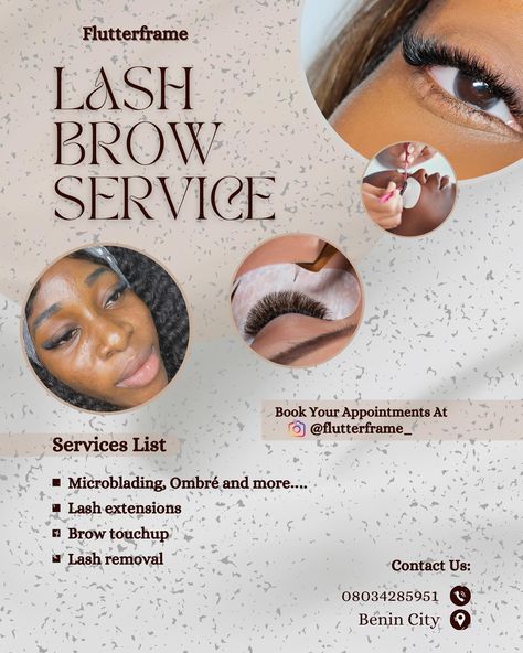 Excited to share this simple yet classy flyer design I created for @flutterframe_! 🌟 Their lash and brow services in Benin City are top-notch, and it was a pleasure to design something that reflects their amazing work. Need a standout flyer for your business? Let’s transform your ideas into art! DM me to get started. #GraphicDesign #FlyerDesign #ClientWork #Branding #DesignInspiration #LashAndBrow #Flutterframe #BeninCity #DesignShowcase #FCOPGraphics #DesignStudio #CreativeProcess #Visual... Eyelash Flyer Design, Lash Business Flyer Ideas, Lash Extension Flyer Design, Lash Flyer Design, Lash Flyer, Benin City, Beauty Business Cards, Lash Extension, Into Art