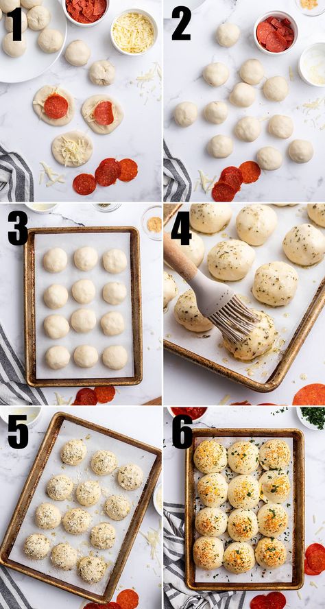 These stuffed pizza rolls are delicious seasoned balls of soft bread filled with lots of cheese and your favorite pizza toppings. Best served with warm marinara sauce, they're perfect for an appetizer or dinner! Pizza Balls Dr Strange, Stuffed Pizza Bites, Rhodes Pizza Rolls, Pizza Dough Balls Recipe, Pizza Balls Recipe, Pizza Bombshell, Pizza Balls With Pizza Dough, Pizza Bites With Biscuits, Pizza Balls With Biscuits