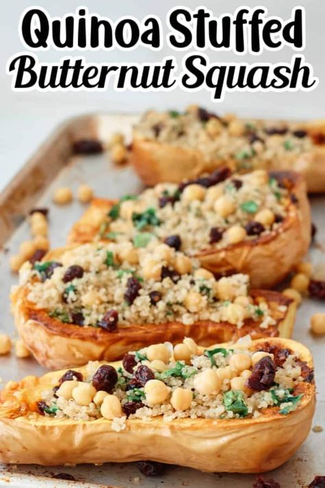 Quinoa Stuffed Butternut Squash - Marathons & Motivation Cooked Kale, Vegan Dishes Easy, Healthy Family Meal, Stuffed Butternut Squash, Harvest Ideas, Stuffed Butternut, Butternut Squash Quinoa, Butternut Squash Recipe, Fall Eats