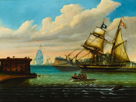 chambers, thomas new y ||| folk art painting ||| sotheby's n09609lot8dh83en Thomas Chambers, Anchors Aweigh, New York Harbor, Castle Garden, American Folk Art, Folk Art Painting, Sea And Ocean, View Image, Anchors