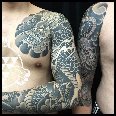 Irezumi Dragon Sleeve, Japanese Dragon Full Sleeve Tattoo, Black And Grey Japanese Dragon Tattoo, Black And Grey Japanese Sleeve, Japanese Dragon Sleeve Tattoos, Japanese Sleeve Tattoos Black And Grey, Japanese Tattoo Art Traditional Black, Japanese Tattoo Black And Grey, Japanese Dragon Sleeve Tattoo