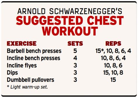 Arnold's Chest Workout Arnold Chest Workout, Arnold Schwarzenegger Chest Workout, Arnold Schwarzenegger Workout, Arnold Schwarzenegger Gym, Arnold Workout, Bodybuilding Routines, Good Mornings Exercise, Chest Workout At Home, Chest Workout For Men