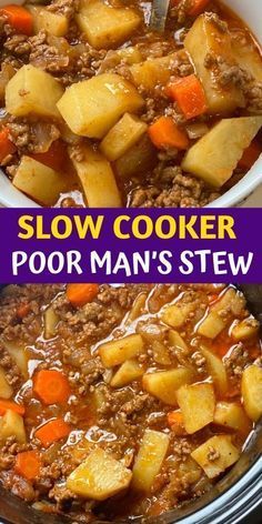 Slow Cooker Poor Man’s Stew - l™ {100kRecipes} | Poor man stew recipe, Crockpot recipes slow cooker, Slow cooker stew recipes Poor Man Stew, Poor Man's Stew, Poor Mans Stew, Slow Cooker Stew Recipes, Ground Beef Stews, Recipes Easter, Recipes Slow Cooker, Ground Beef Stroganoff, Slow Cooker Stew