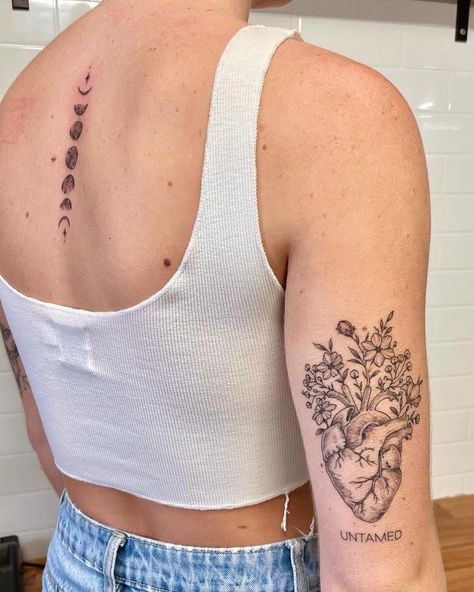 Heart Lungs Tattoo, Love Your Self Tattoo Ideas, Humanity Tattoo Ideas, Flowers Coming Out Of Heart Tattoo, Heart Tattoo Spine, Heart With Plants Tattoo, Heart W Flowers Tattoo, Heart Mind Soul Tattoo, Botanical Heart Tattoo