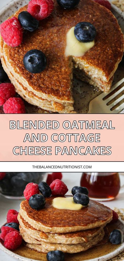 Try these cottage cheese protein pancakes for a high protein breakfast idea! This cottage cheese pancake recipe makes blended oat pancakes that are thick and fluffy. Enjoy oat and cottage cheese pancakes for a delicious and nutritious start to your day. Oatmeal Cottage Cheese, Blender Oatmeal, Oatmeal Cottage Cheese Pancakes, Healthy Pancakes Easy, High Protein Oatmeal, Cottage Cheese Protein Pancakes, Cottage Cheese Protein, Cottage Cheese Pancakes Recipe, Oatmeal Protein Pancakes