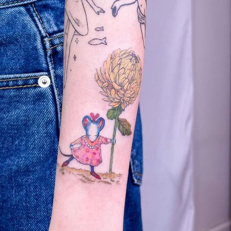 Chrysanthemum Book Tattoo, Chrysanthemum Book, Kevin Henkes, Whimsical Tattoos, Chrysanthemum Tattoo, Mouse Tattoos, Cute Tats, Tattoo Board, Sharpie Tattoos