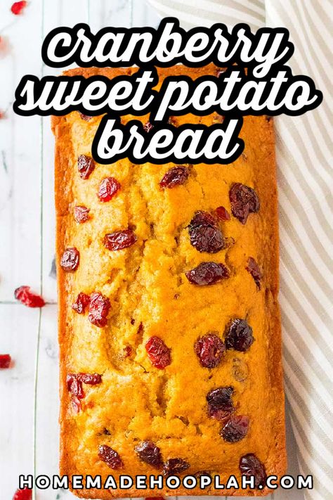 Cranberry Sweet Potato Bread! With comforting flavors and ultra soft texture, this tasty sweet potato bread is laced with dried cranberries, drizzled with frosting, and perfect for fall. | HomemadeHooplah.com Freeze Sweet Potatoes, Sweet Potato Pecan, Canning Sweet Potatoes, Sweet Potato Bread, Sweet Potato And Apple, Cranberry Bread, Fall Foods, Potato Bread, Blogger Photos