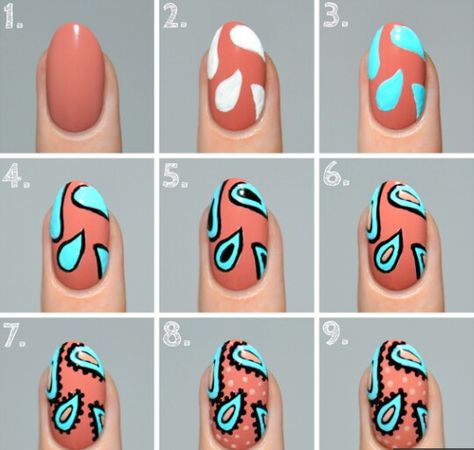 Bandana Nail Art Tutorial, Bandana Nail Art Design, Bandana Nail Designs, Bandana Print Nails, Southwestern Nails, Nail Design Tutorial Step By Step, Navratri Nails, Paisley Nail Art, Nail Designs Blue