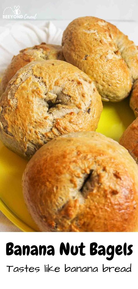 Breakfast just got better with homemade banana bread bagels. With crunchy walnuts, chewy bagel, and spiced banana flavor in every bite, these bagels are a perfect addition to your morning routine. Made with ripe bananas, these tasty homemade bagels are a combination of your favorite breakfast foods. You're going to love these chewy, soft, and easy bagels! Banana Bagel Recipe, Hawaiian Bagel Recipes, Banana Bread Bagels, Fruit Bagel Recipe, Spinach Bagel Recipe, Onion Bagels Recipe Homemade, Sourdough Bagel Recipes, Flavored Bagel Recipe, Unique Bagel Flavors