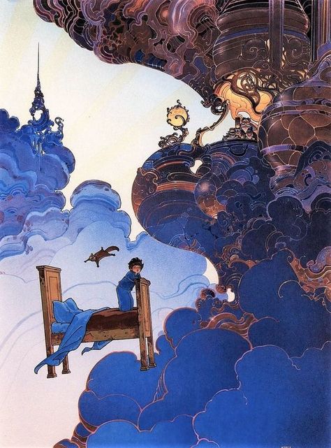 Moebius' concept art for Hayao Miyazaki’s unrealized animated version of ‘Little Nemo in Slumberland’ (1980s) Little Nemo In Slumberland, Moebius Art, Jean Giraud, 동화 삽화, Graphisches Design, Bd Comics, Art Et Illustration, Art And Illustration, 판타지 아트