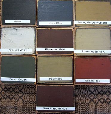 distressed furniture colors Distressed Furniture Colors, Colonial Paint Colors, Primitive Paint Colors, Country Color Scheme, Paint Combos, Historic Paint Colours, Early American Homes, Primitive Colors, Colonial Home Decor