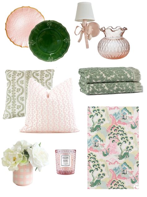 Soft Pink And Green Bedroom, Pink And Green Pastel Bedroom, Boho Regency Decor, Green And Pink Decor Bedroom, Neutral Pink And Green Living Room, Pink Grand Millenial, Green And Pink Guest Room, Pink Green And Blue Nursery, Pink Green Blue Color Scheme Bedroom