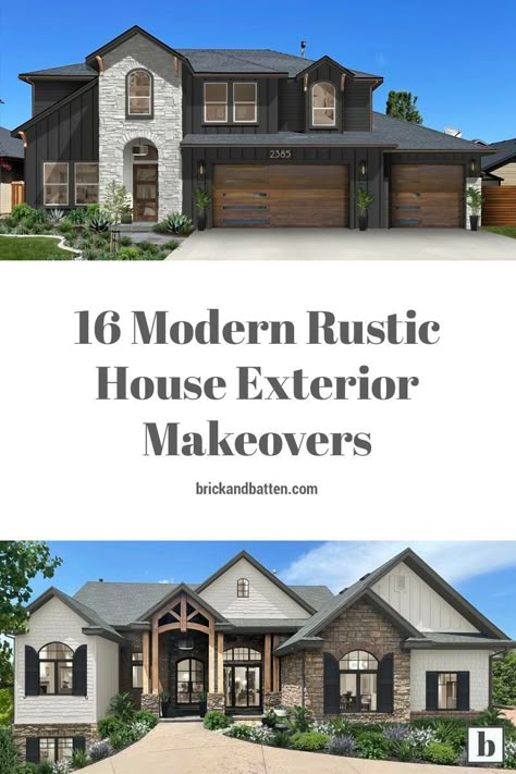 A #modernrustic house is technically an oxymoron. The words 'modern' and 'rustic' are opposites. But the good thing about opposites is that they sometimes attract and create a long-lasting relationship. At brick&batten, we love to create interesting and unexpected design elements that simultaneously surprise and just make sense. These 16 modern rustic house exterior makeovers will inspire you to combine opposites in interesting ways to create the #homedesign of your dreams. #curbappeal Modern Farmhouse Rock Exterior, Spec House Exterior, Lodge Style Exterior, Mixing Exterior Materials, All Siding House Exterior, Stone House Designs Exterior, Farmhouse Rambler Exterior, Brick Waynes Coating Exterior, Contemporary Rustic Exterior