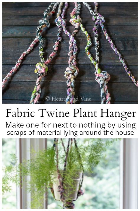 Make this easy fabric twine plant hanger by upcycling leftover material scraps in your sewing drawer. #sewing #fabriccraft #recycle Scrap Fabric Twine Projects, Twine Plant Hanger, Recycle Fabric Scraps, Sewing Drawer, Fabric Twine, Twine Crafts, Fiber Crafts, Scrap Fabric Projects, Scrap Fabric Crafts