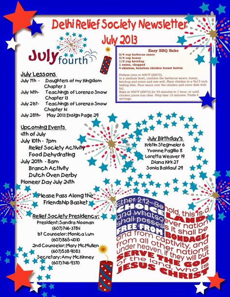 July Relief Society Newsletter Daycare Newsletter Ideas, Pta Communication, July Newsletter Template, Daycare Newsletter, Primary Newsletter, Relief Society Christmas Program, Relief Society Newsletter, Teacher Letters, Relief Society Christmas